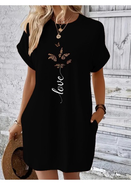 Kadın Kısa Kollu Bisiklet Yaka Cepli Kelebek Baskılı Viskon Elbise