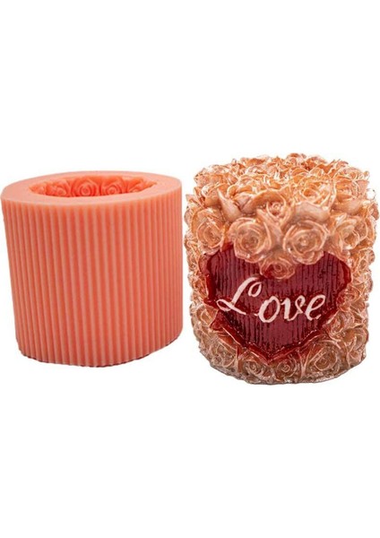 Love Yazılı Güllü Silindir Mum Kalıbı 5.5 x 6 cm