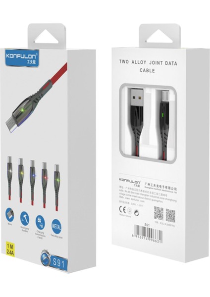 S91 Ledli Micro USB Kablo 1m 2.4A - Siyah Ferrg