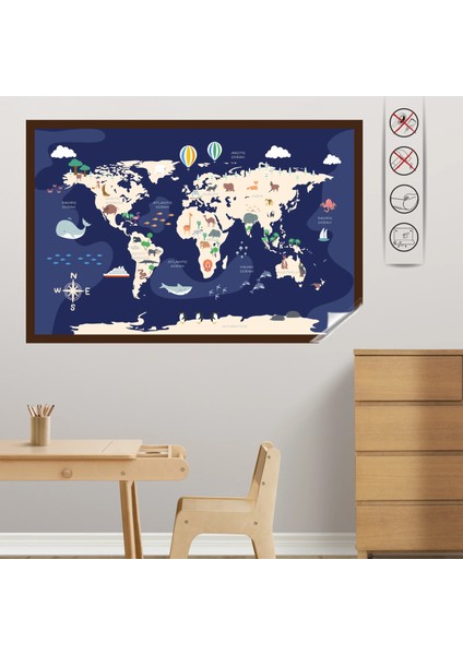 Hayvanlı Dünya Haritası Beyaz ( Model-2) 65 cm x 98 cm Nrmsa