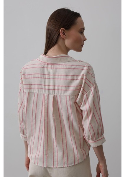 Çizgili Kısa Gömlek - Bej Pembe fırsatları