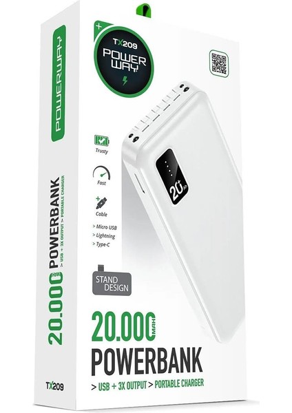 Powerway TX209 20.000MAH Kablolu Dijital Göstergeli Fenerli Powerbank Dahili Telefon Stand (Micro - Type C - Lightning)