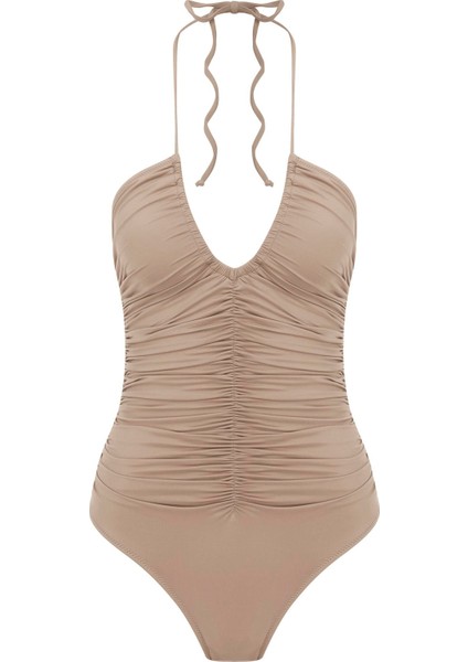 Halter Yaka Büzgülü Vizon Mayo