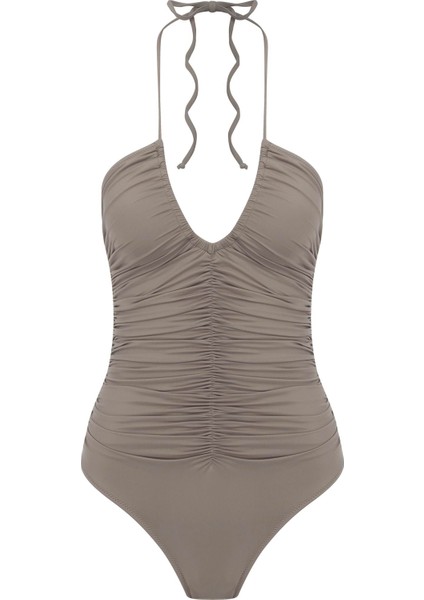Halter Yaka Büzgülü Taş Mayo