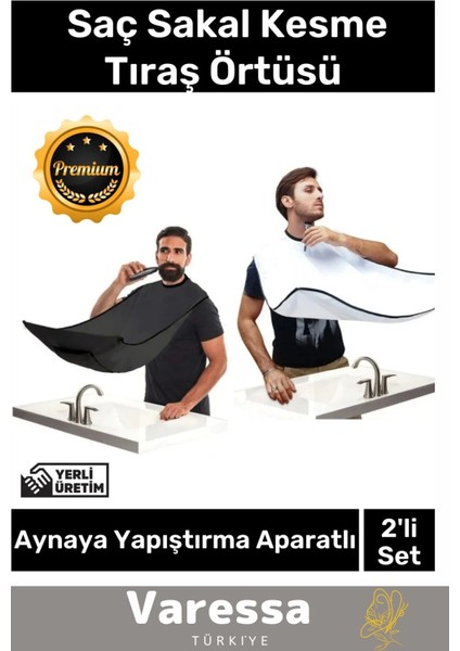 Özel Üretim Pratikvakumlu Aynaya Yapıştırma Aparatlı Evde Saçsakal Kesme Beyazsiyah 2li Tıraş Örtüsü