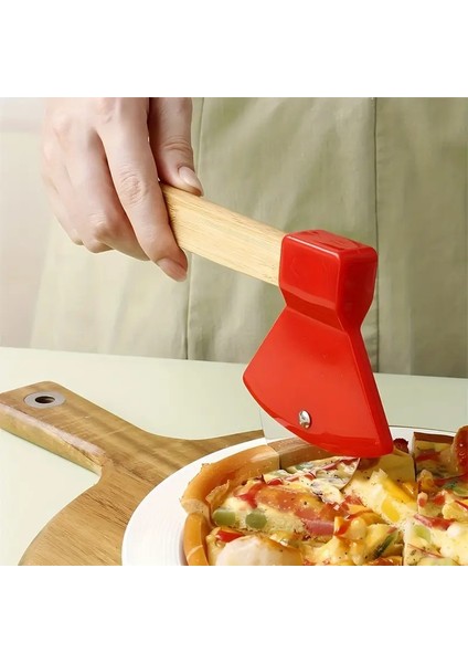 Pizza Kesici Tekerleği Balta Şekil Paslanmaz Çelik, Bambu Saplı Dönen Kesici Kurabiye, Kek, Ekmek