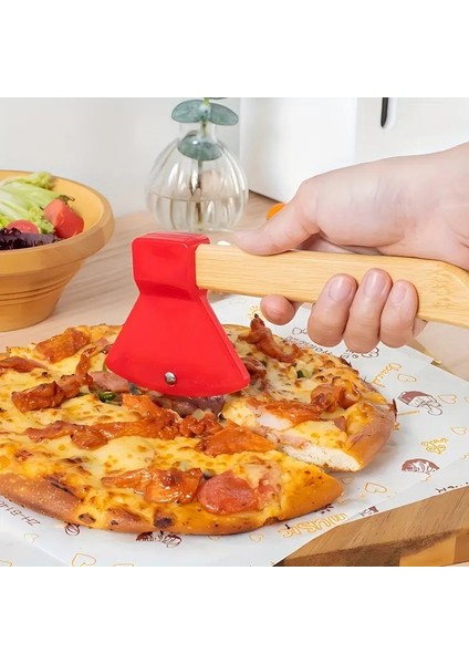 Pizza Kesici Tekerleği Balta Şekil Paslanmaz Çelik, Bambu Saplı Dönen Kesici Kurabiye, Kek, Ekmek