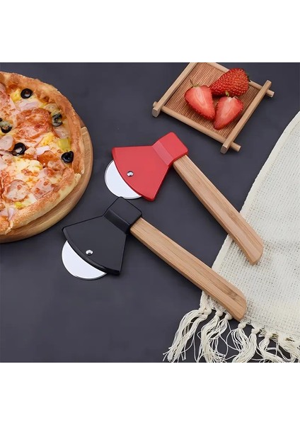 Pizza Kesici Tekerleği Balta Şekil Paslanmaz Çelik, Bambu Saplı Dönen Kesici Kurabiye, Kek, Ekmek