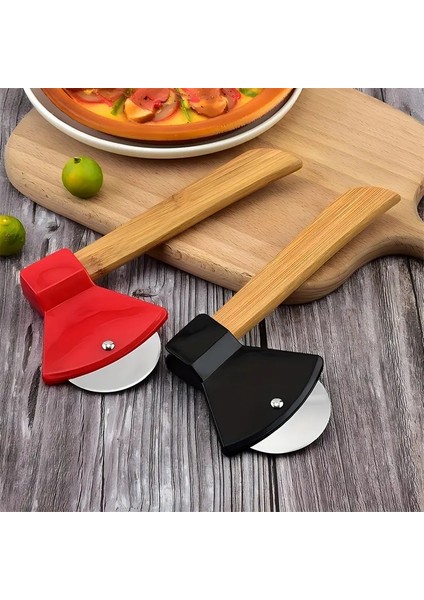 Pizza Kesici Tekerleği Balta Şekil Paslanmaz Çelik, Bambu Saplı Dönen Kesici Kurabiye, Kek, Ekmek