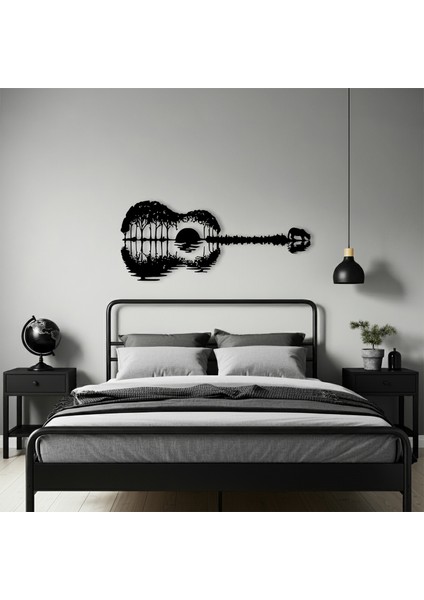 Gün Batımı Gitar Temalı Ahşap Duvar Tabloları