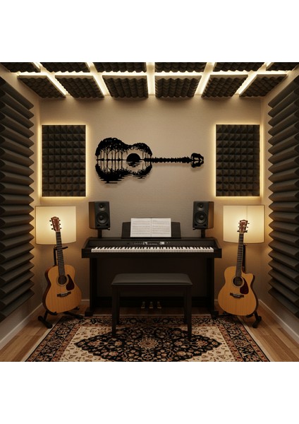 Gün Batımı Gitar Temalı Ahşap Duvar Tabloları
