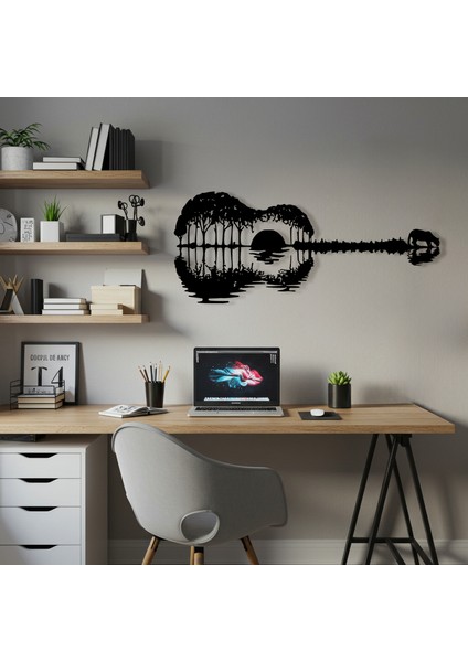 Gün Batımı Gitar Temalı Ahşap Duvar Tabloları