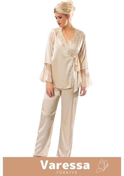 Premium Özel Seri Rahat Çeyizlik Kadın Büyüleyici Çok Şık Zarif Krem Saten Pijama Takımı