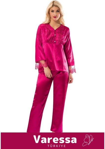 Yeni Sezon Rahat Çeyizlik Kadın Büyüleyici Şık Zarif Fuşya Saten Pijama Takımı fiyatları