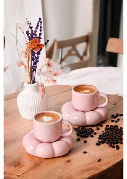 Mithra Life 2 Adet 95 ml Papatya Şekilli Seramik Pembe Türk Kahvesi Fincan Takımı Mıt1159