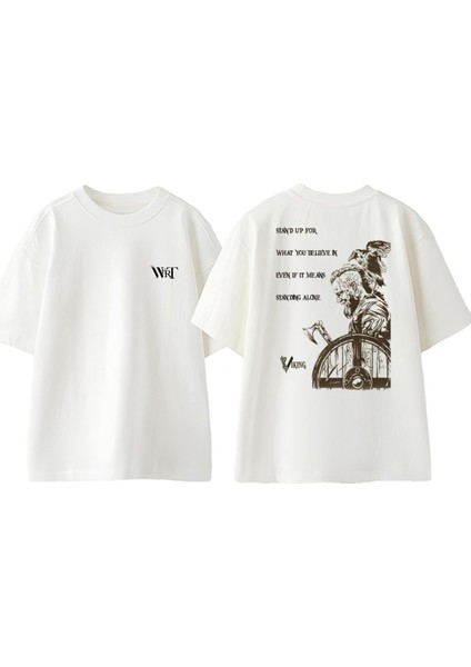 Viking Stand Up For Tasarım Sırt Baskılı Pamuk Beyaz Oversize T-Shirt