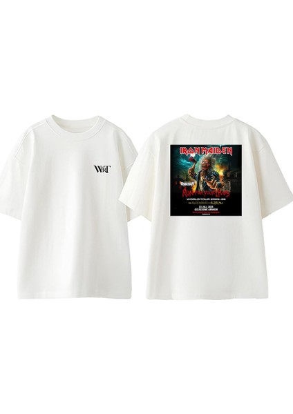Iron Maiden 2 Tasarım Sırt Baskılı Pamuk Beyaz Oversize T-Shirt