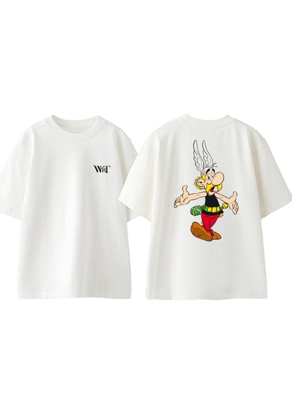 Asterix Tasarım Sırt Baskılı Pamuk Beyaz Oversize T-Shirt