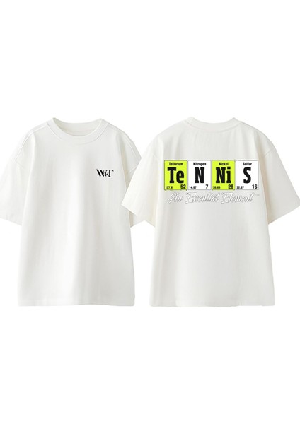 Element Tennis Tasarım Sırt Baskılı Pamuk Beyaz Oversize T-Shirt