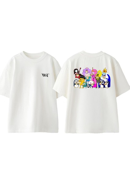 Adventure Time 2 Tasarım Sırt Baskılı Pamuk Beyaz Oversize T-Shirt