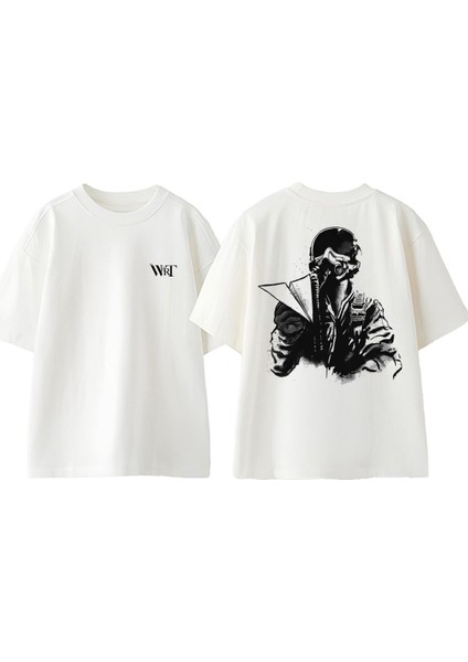 Pilot ve Ucak Tasarım Sırt Baskılı Pamuk Beyaz Oversize T-Shirt