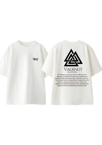 Valknut Viking Tasarım Sırt Baskılı Pamuk Beyaz Oversize T-Shirt