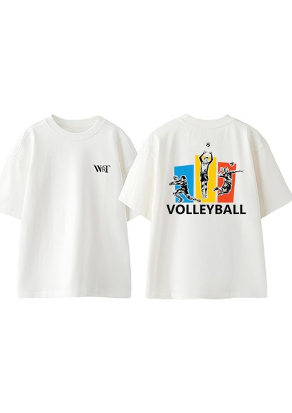 Volleyball Player Logo Tasarım Sırt Baskılı Pamuk Beyaz Oversize T-Shirt