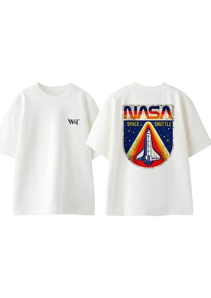 Nasa Space Shuttle Tasarım Sırt Baskılı Pamuk Beyaz Oversize T-Shirt