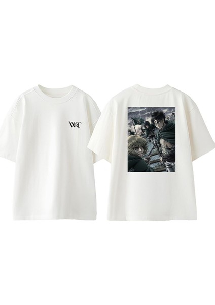 Attack On Titan 40 Tasarım Sırt Baskılı Pamuk Beyaz Oversize T-Shirt