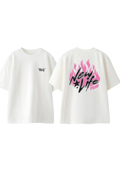 New Life Tasarım Sırt Baskılı Pamuk Beyaz Oversize T-Shirt