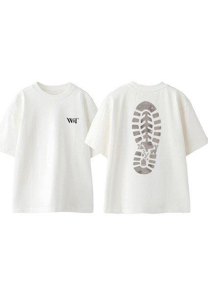 Ayak Iz Tasarım Sırt Baskılı Pamuk Beyaz Oversize T-Shirt