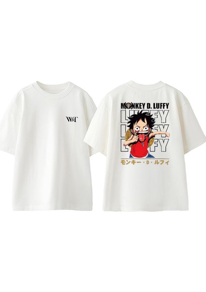 Monkey D Luffy Dil Tasarım Sırt Baskılı Pamuk Beyaz Oversize T-Shirt