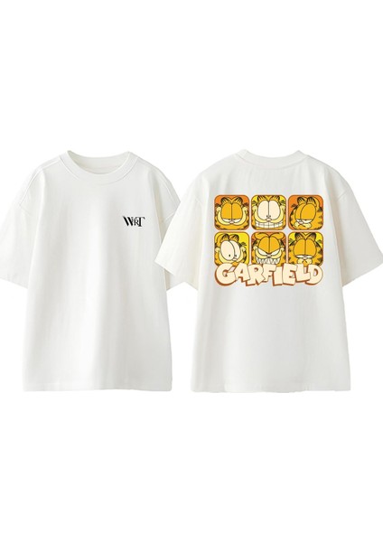 Garfield Faces Tasarım Sırt Baskılı Pamuk Beyaz Oversize T-Shirt