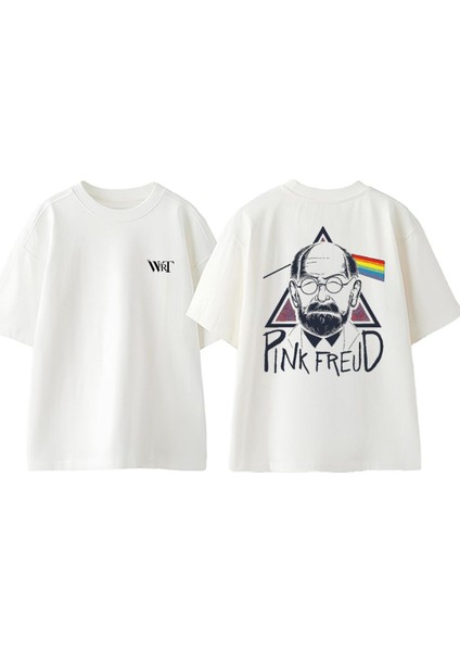Pınk Freud Tasarım Sırt Baskılı Pamuk Beyaz Oversize T-Shirt