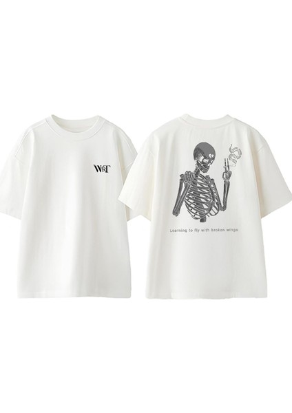 Learning To Fly With Tasarım Sırt Baskılı Pamuk Beyaz Oversize T-Shirt