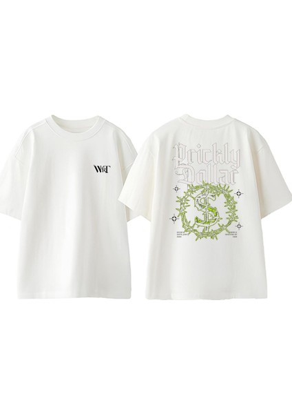 Prickly Dollar Tasarım Sırt Baskılı Pamuk Beyaz Oversize T-Shirt