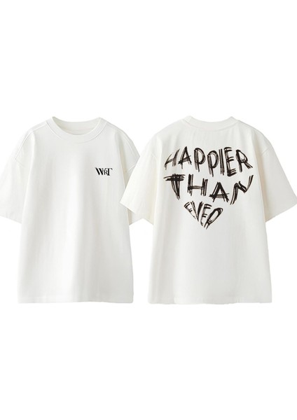 Happier Than Ever Tasarım Sırt Baskılı Pamuk Beyaz Oversize T-Shirt