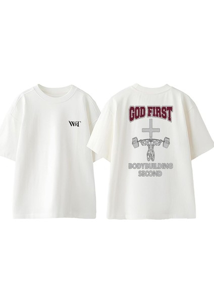 God First Bodybuildin Tasarım Sırt Baskılı Pamuk Beyaz Oversize T-Shirt