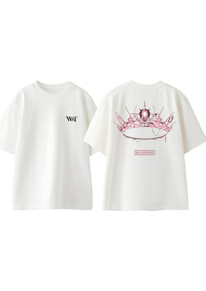 Black Pink Taç Tasarım Sırt Baskılı Pamuk Beyaz Oversize T-Shirt