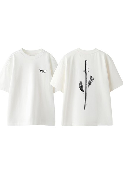 Samuray Kılıcı ve Kalp Tasarım Sırt Baskılı Pamuk Beyaz Oversize T-Shirt