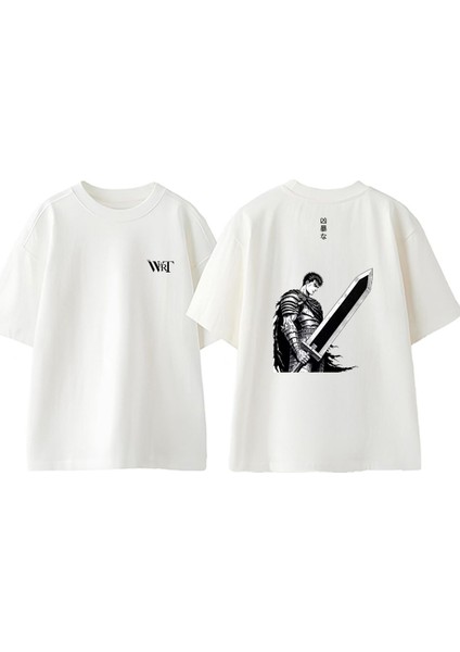 Berserk Guts Kiliç Tasarım Sırt Baskılı Pamuk Beyaz Oversize T-Shirt