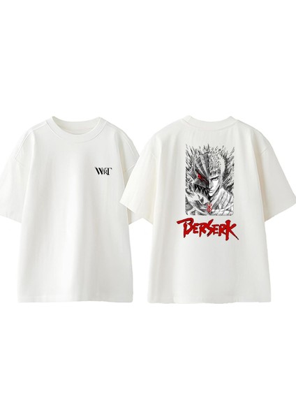 Berserk Yarim Yuz Tasarım Sırt Baskılı Pamuk Beyaz Oversize T-Shirt