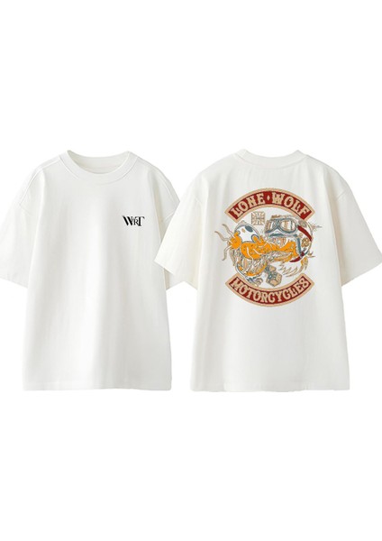 Lone Wolf Motorcycles Tasarım Sırt Baskılı Pamuk Beyaz Oversize T-Shirt
