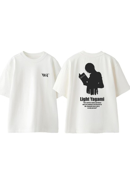 Death Light Yagami Tasarım Sırt Baskılı Pamuk Beyaz Oversize T-Shirt