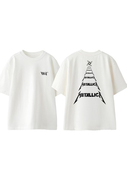 Metallica Christmas Tasarım Sırt Baskılı Pamuk Beyaz Oversize T-Shirt