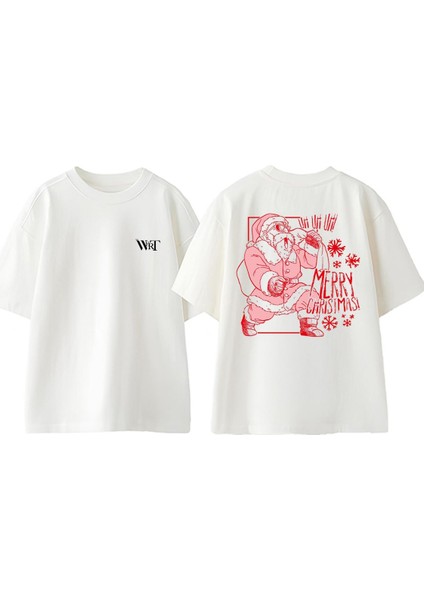 Merry Christmas Tasarım Sırt Baskılı Pamuk Beyaz Oversize T-Shirt