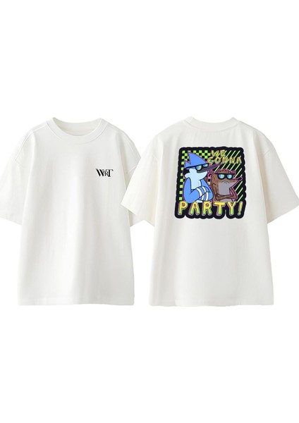 Regular Show Sticker Party Tasarım Sırt Baskılı Pamuk Beyaz Oversize T-Shirt
