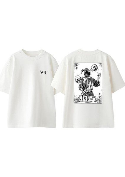 Joker Cart Kurukafa Tasarım Sırt Baskılı Pamuk Beyaz Oversize T-Shirt
