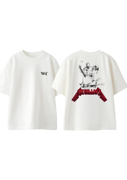 Metallica Men Rock Tasarım Sırt Baskılı Pamuk Beyaz Oversize T-Shirt