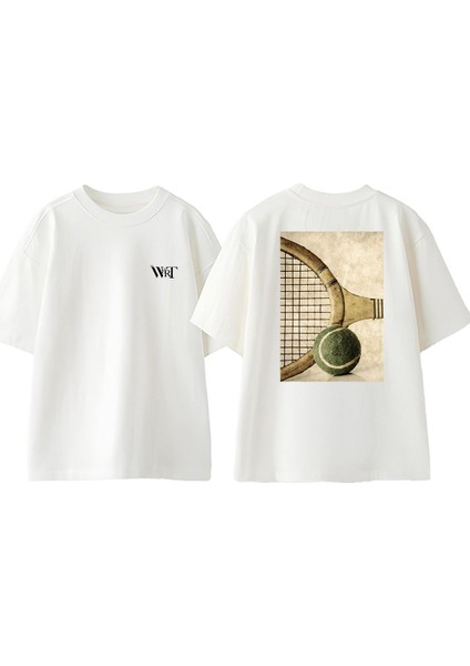 Retro Tennis Racket And Ball Tasarım Sırt Baskılı Pamuk Beyaz Oversize T-Shirt